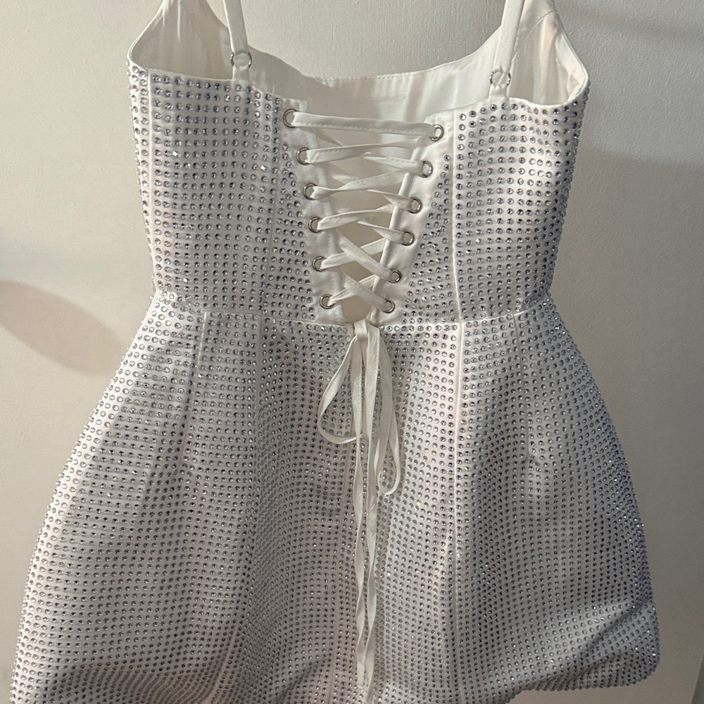 White Textured Spaghetti Strap Mini Dress - Picture 3 of 5